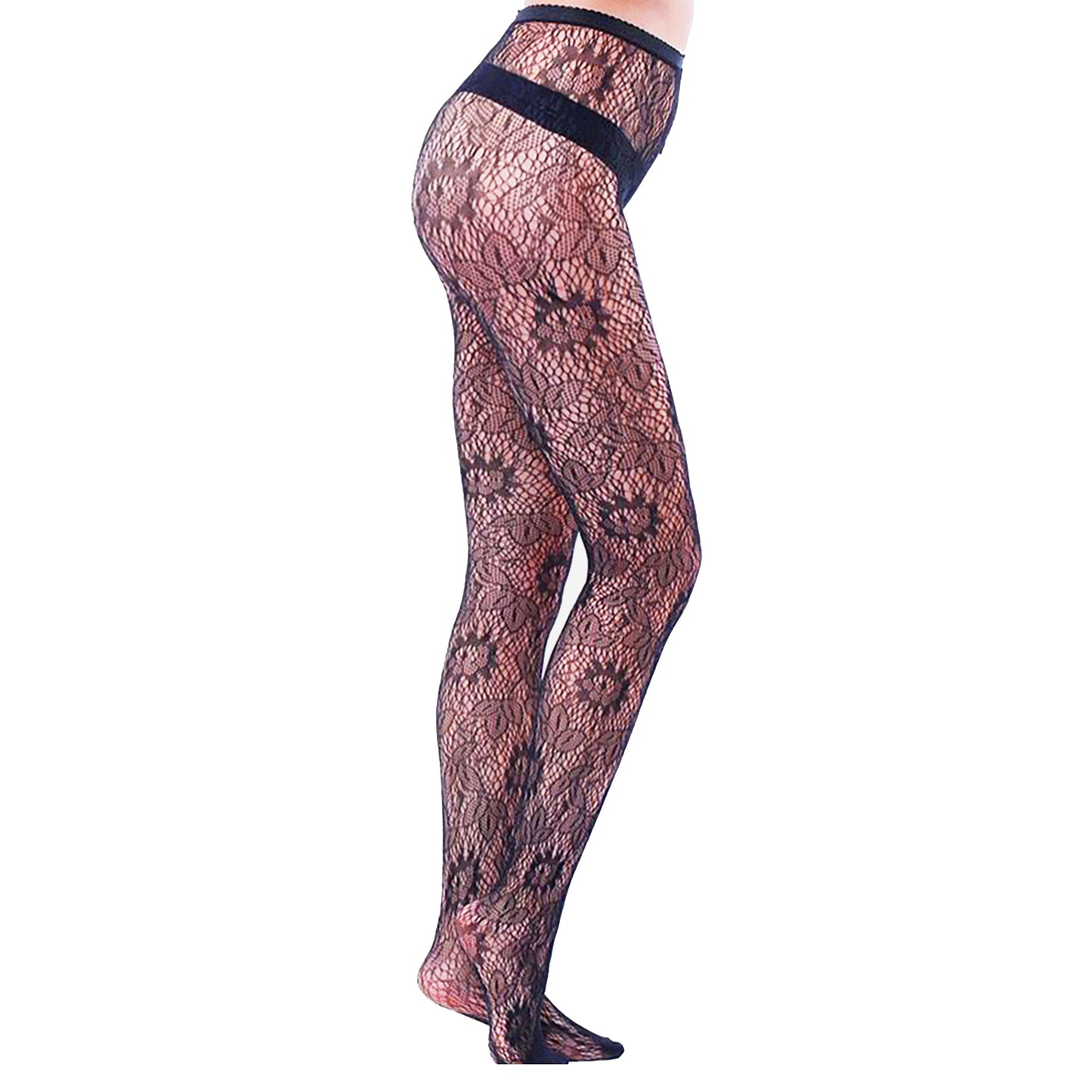 Women's trendy fishnet hosiery bold floral and leaf pattern