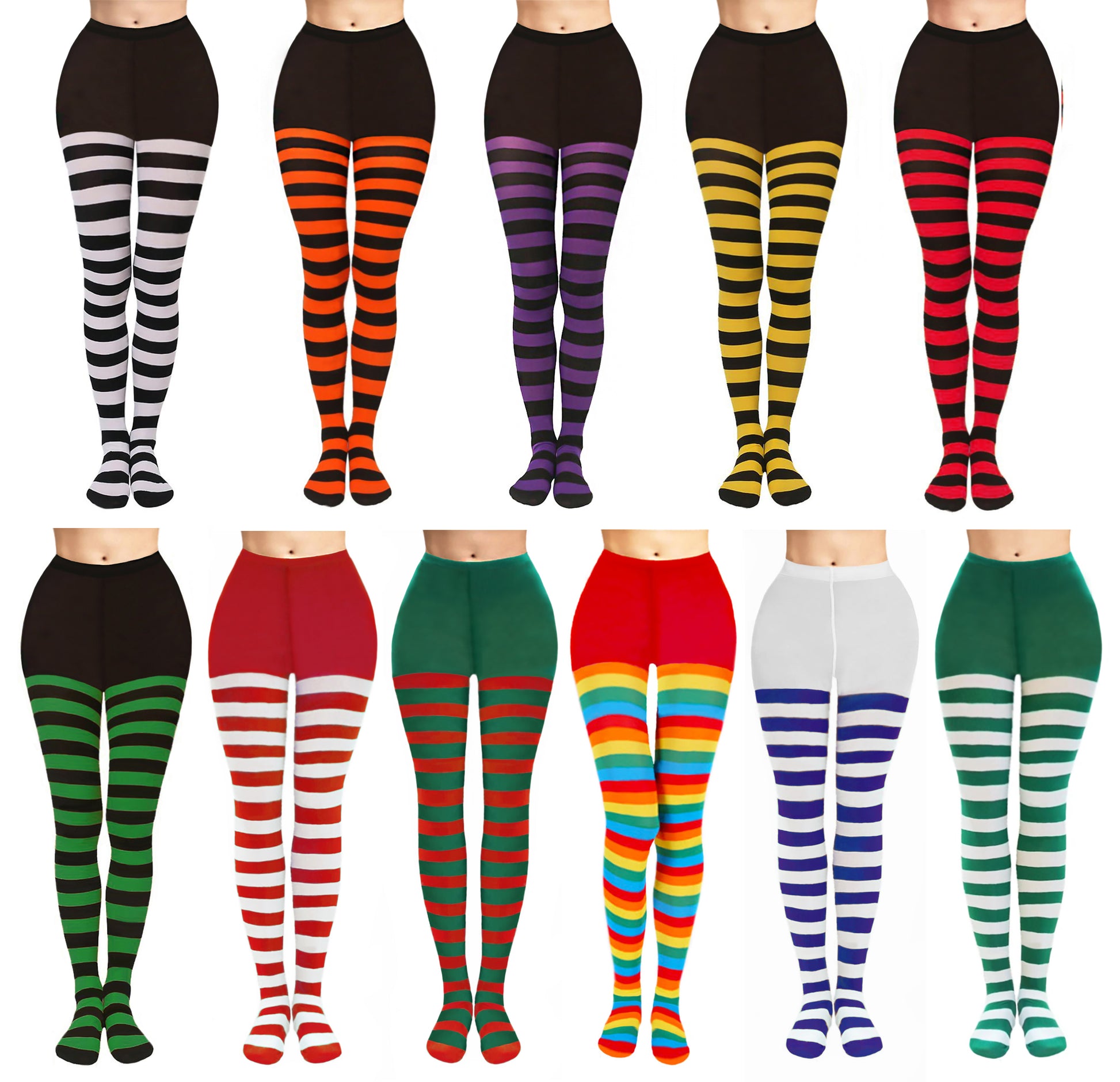 A selection of horizontally coloured striped tights for womens fancy dress costumes