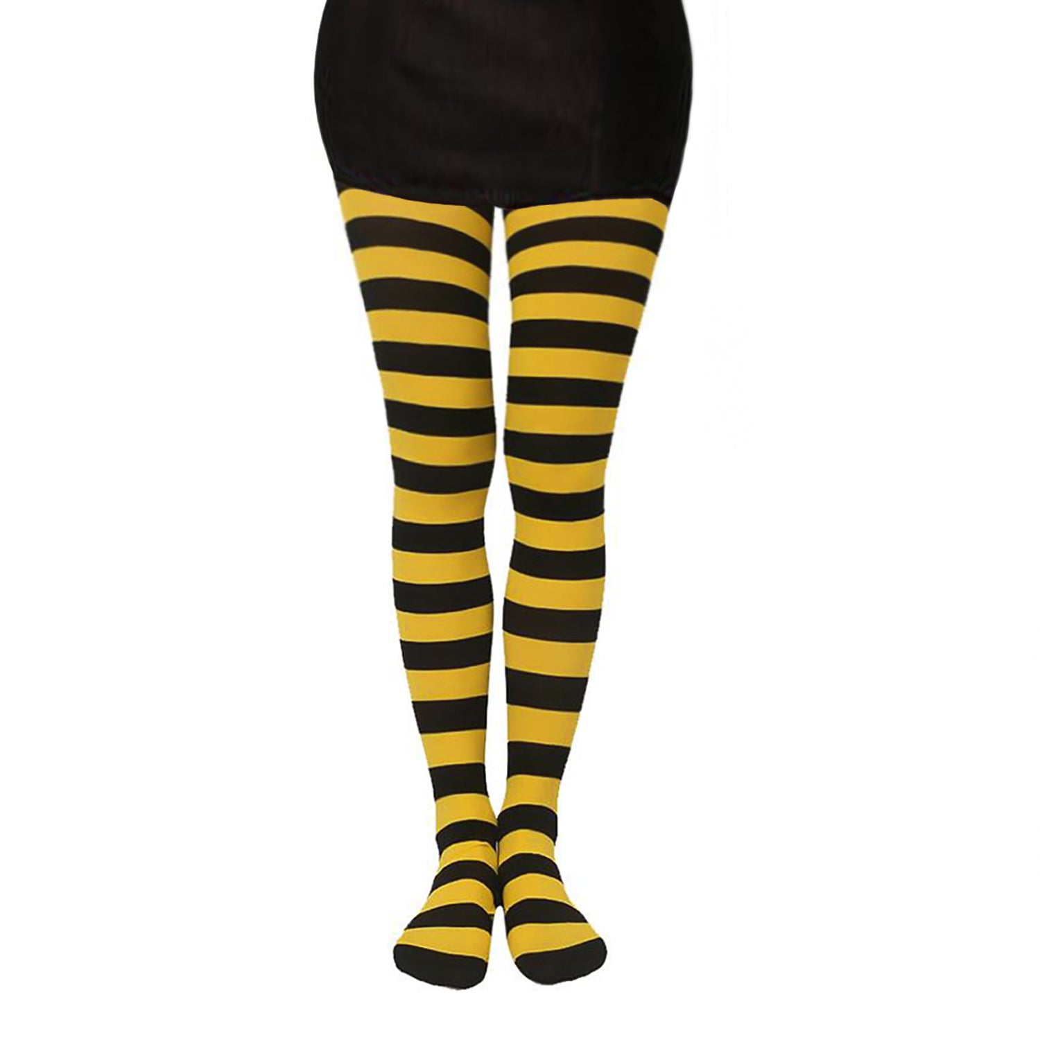 Thick striped coloured tights in the colours of yellow and black with horizontal stripes