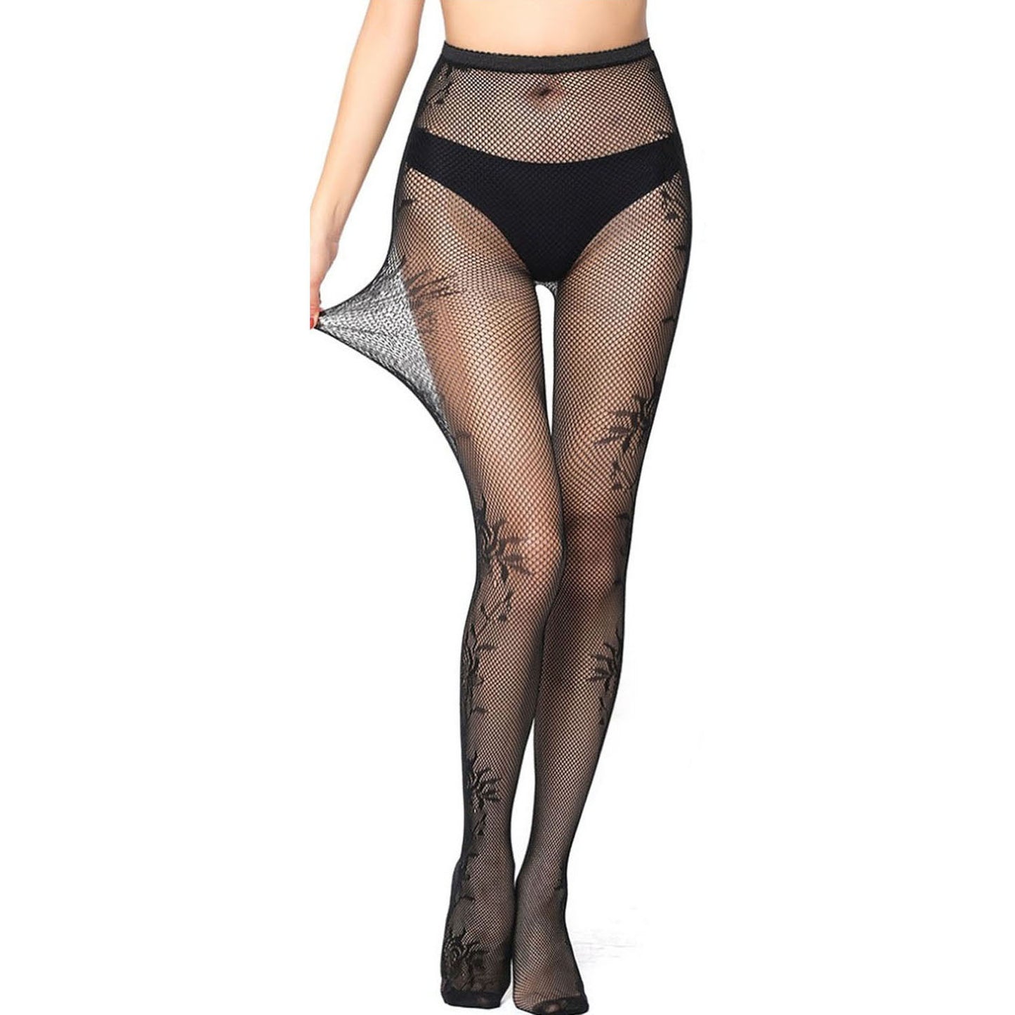 Womens black floral fishnets with super stretch