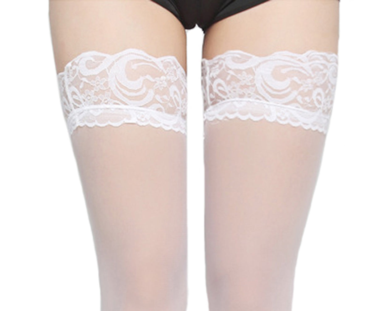 Denier Ultra-Sheer White Lace Top Stocking- Simply Joshimo