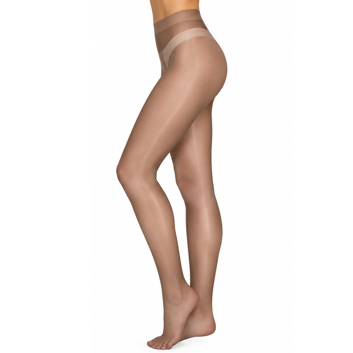Light mocha sheer tights side view showing smooth leg finish