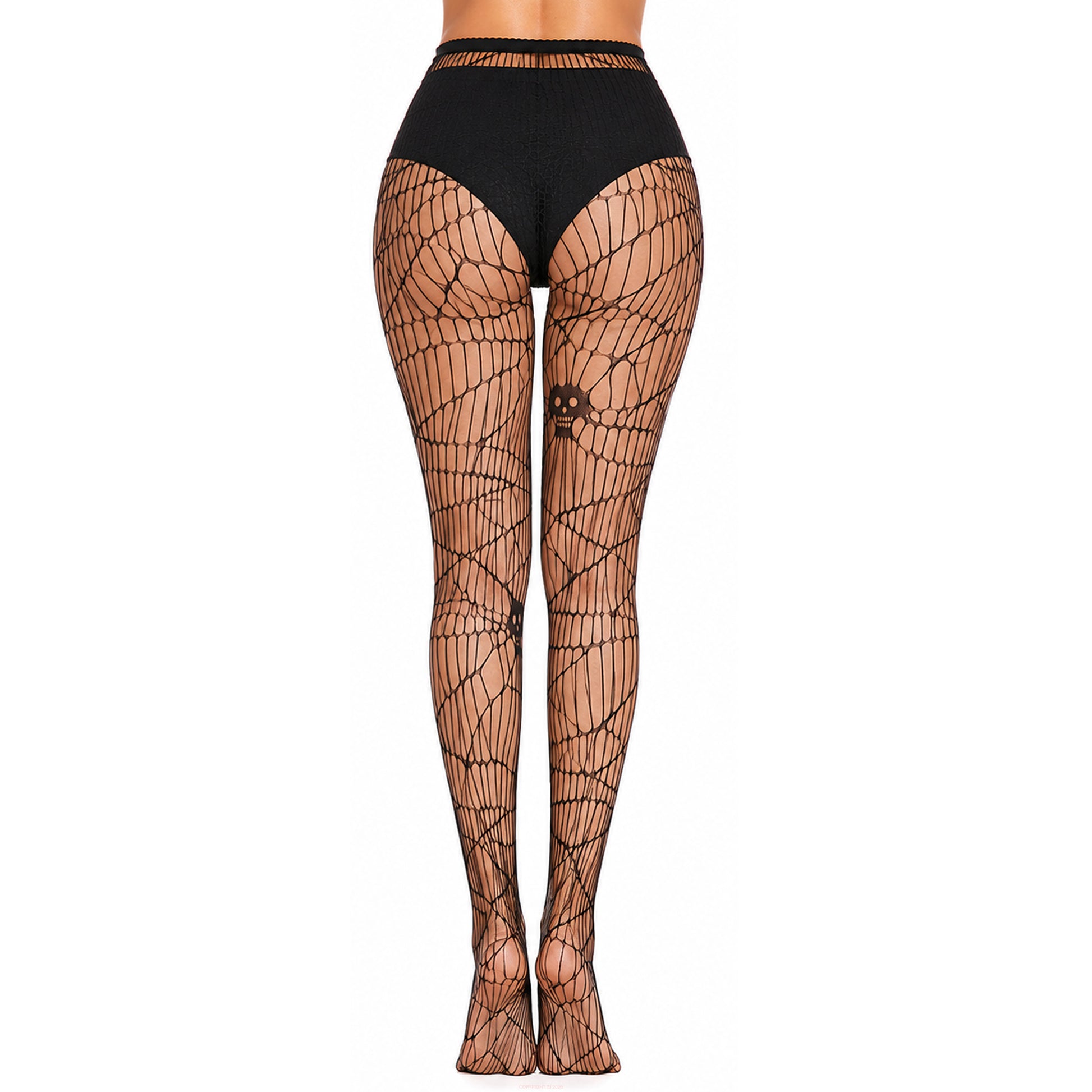 Women's black skull mesh tights on a white background
