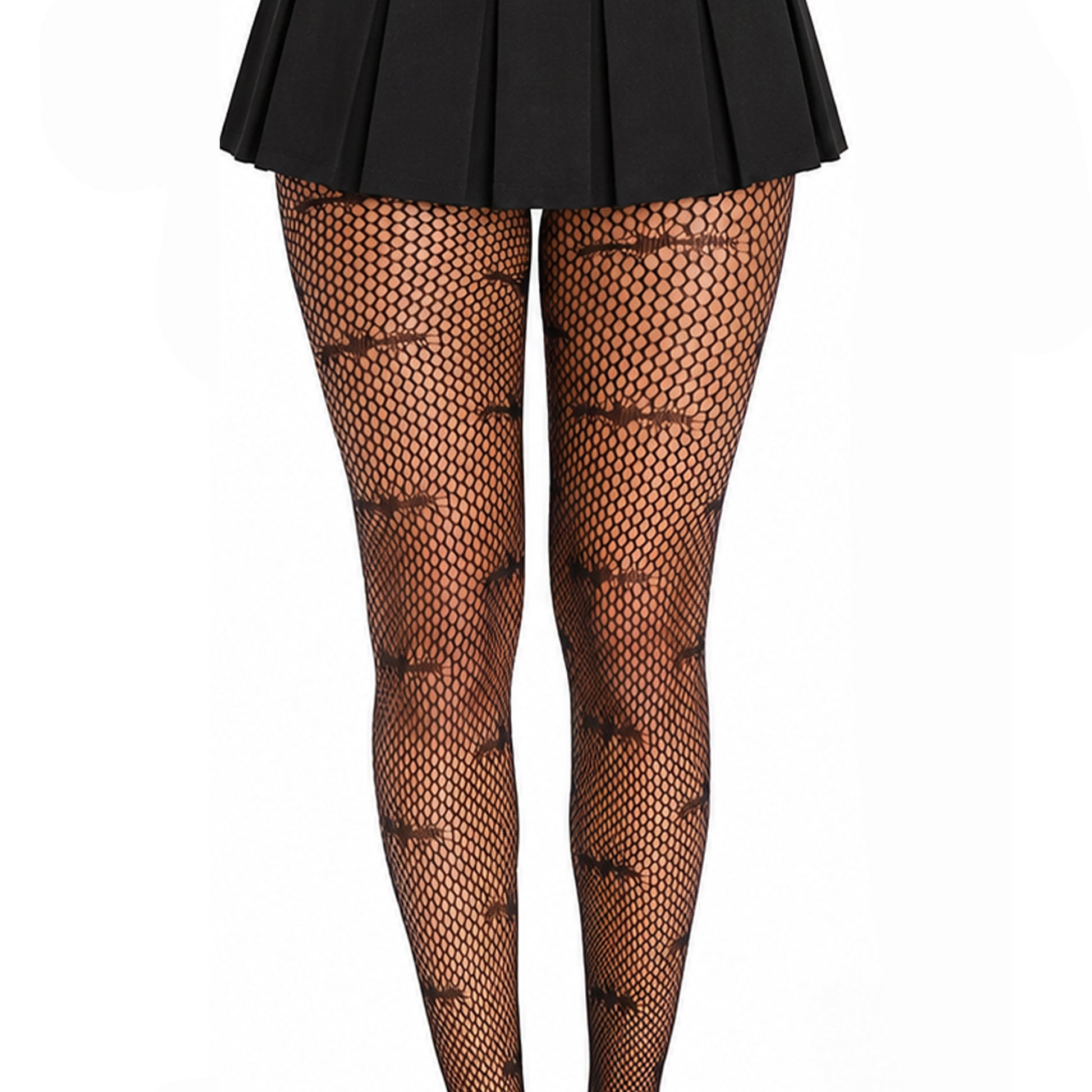 Black fishnet tights with a repeating bat pattern