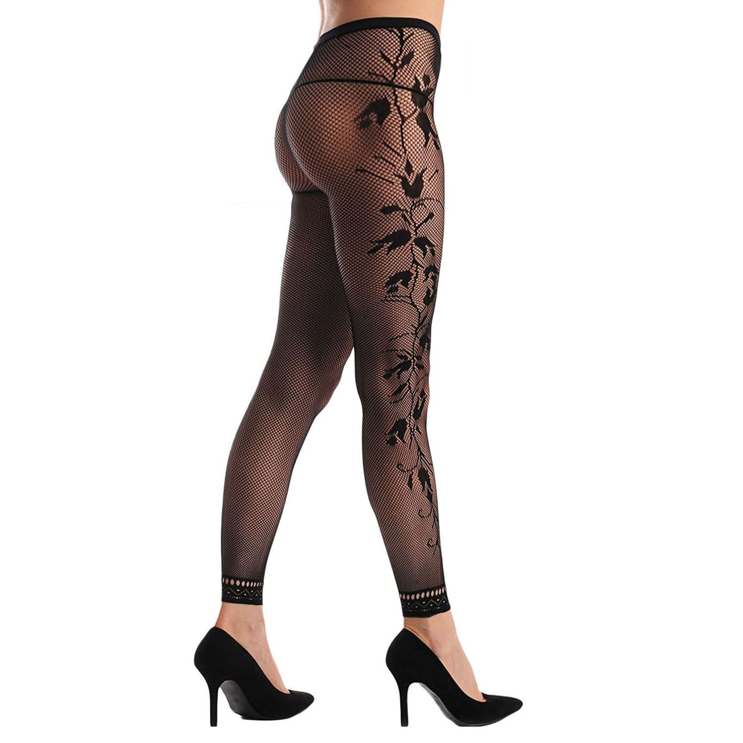 Black Fishnet Footless Tights with Flowers - Simply Joshimo