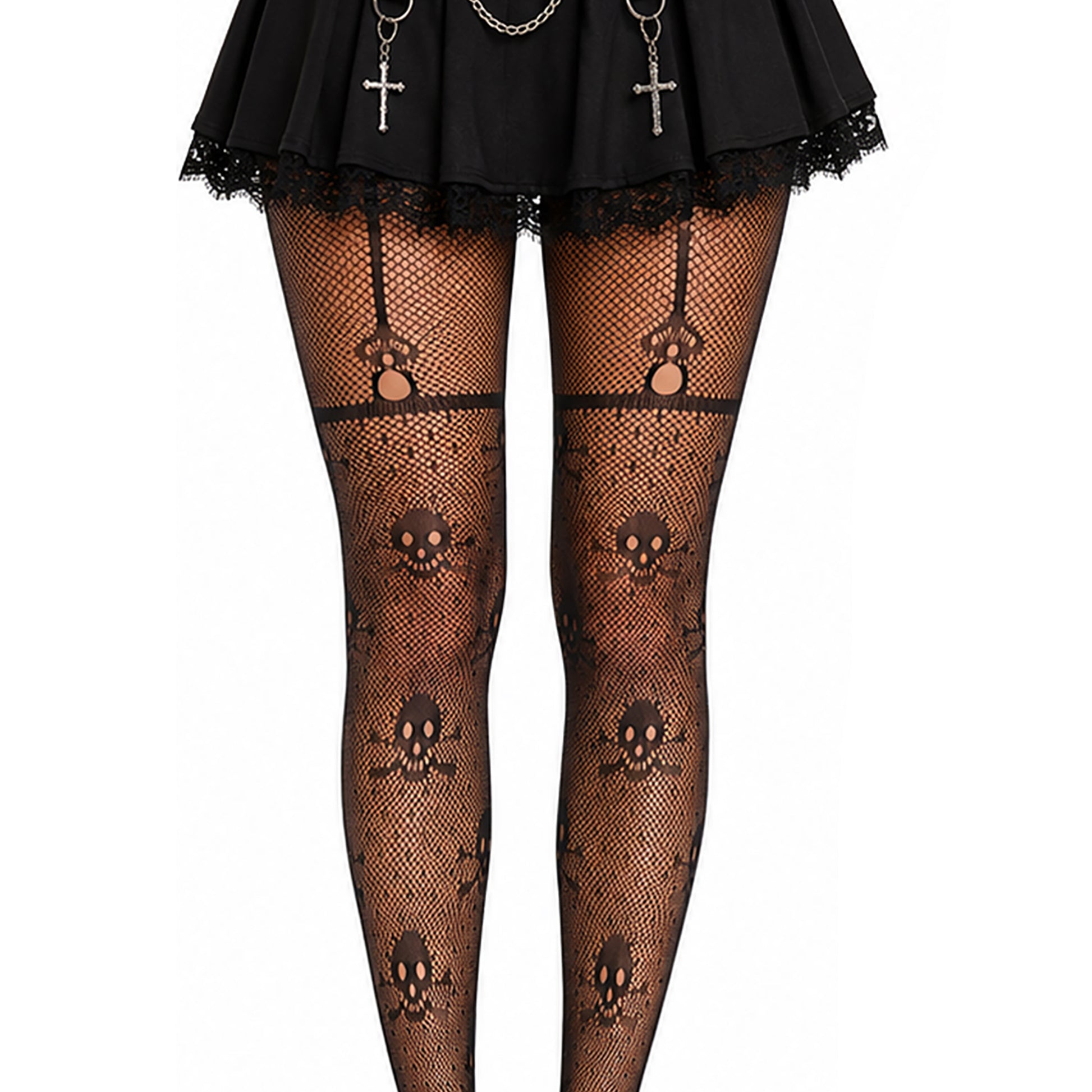 Black fishnet tights with skull and crossbones patterns