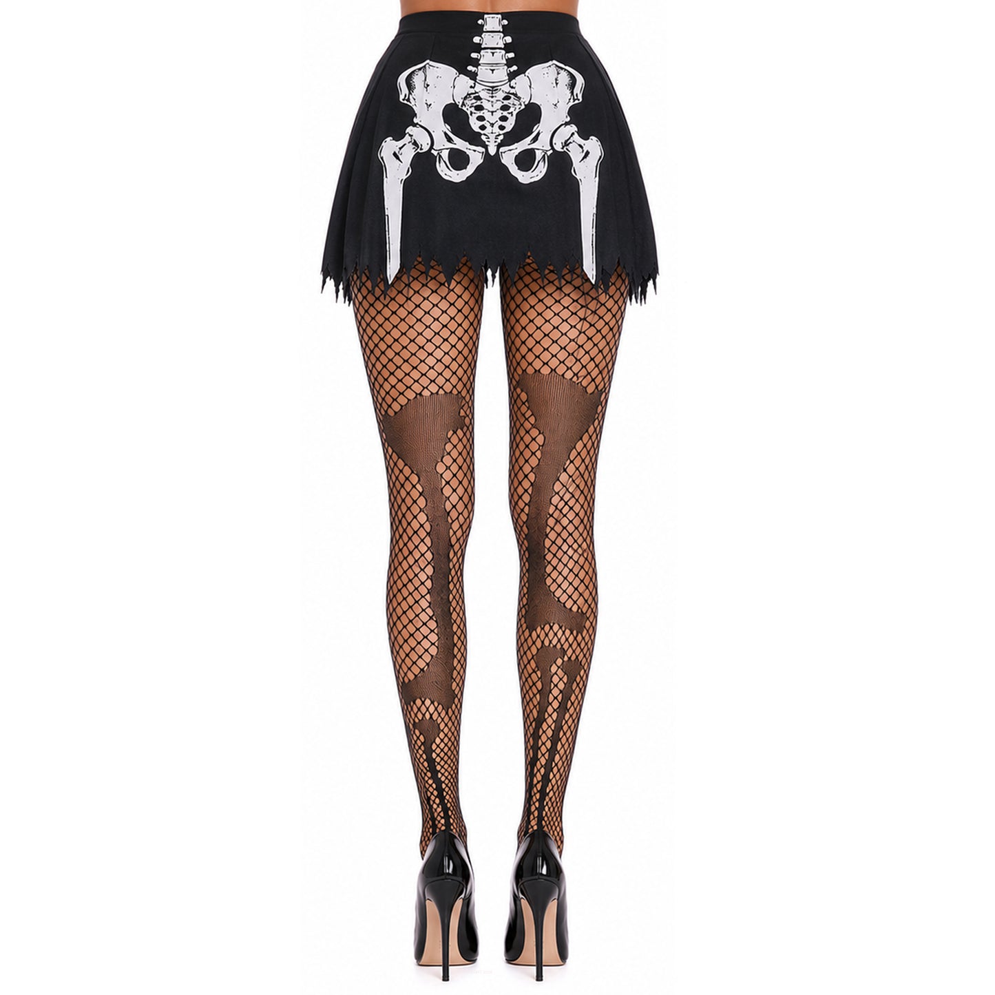 Black lace mesh tights with skeleton leg pattern for Halloween.