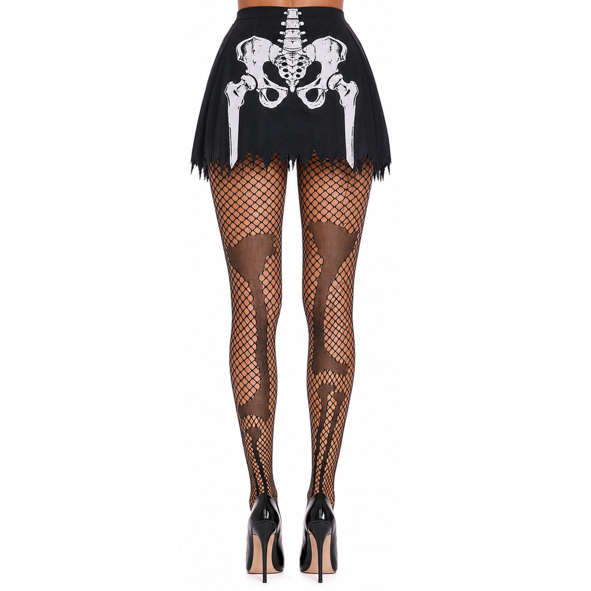 Black lace mesh tights with skeleton leg pattern for Halloween.