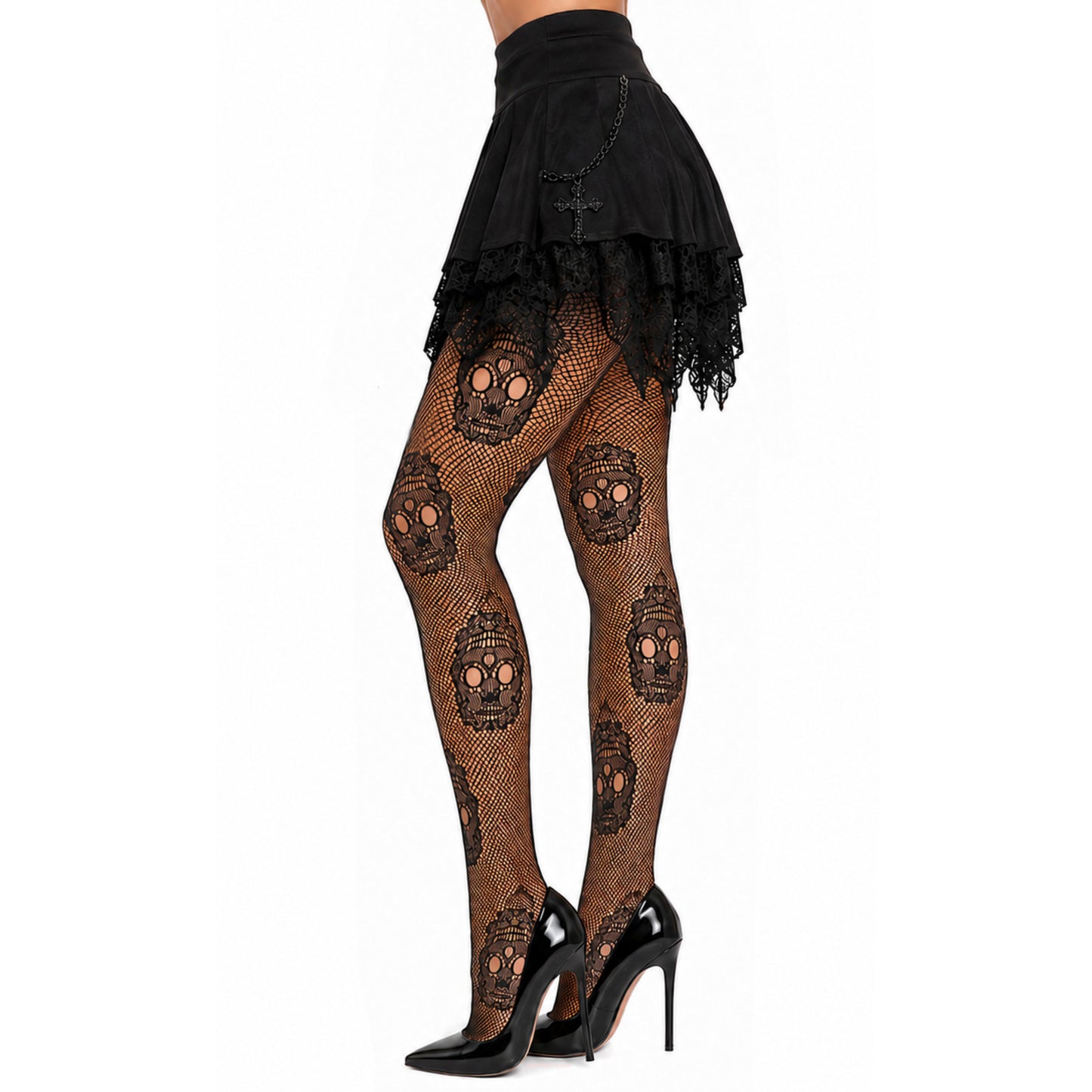 Gothic Large Skull Fishnet Tights In Black with Mini Skirt and Heels