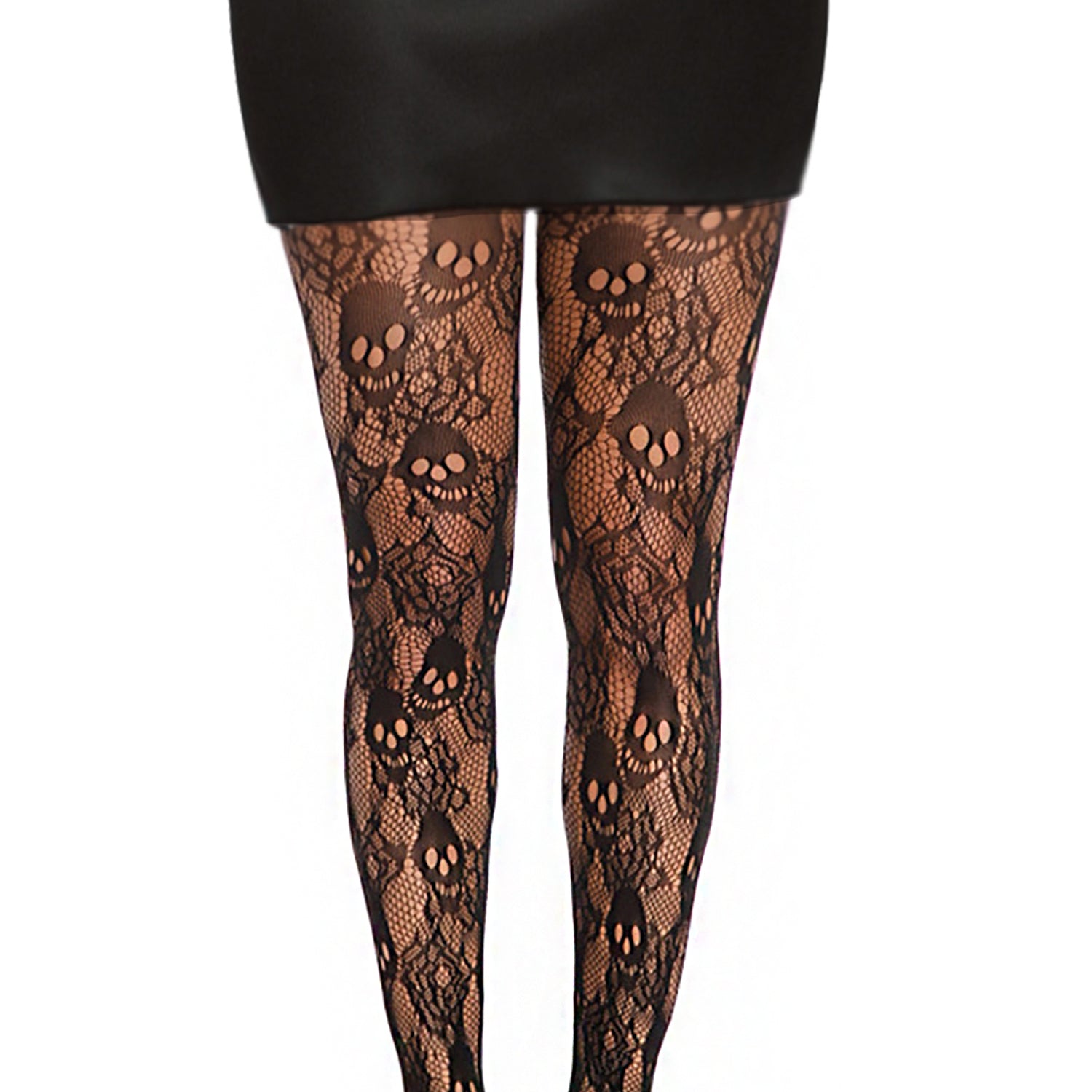 Skull and rose black fishnet hosiery for women