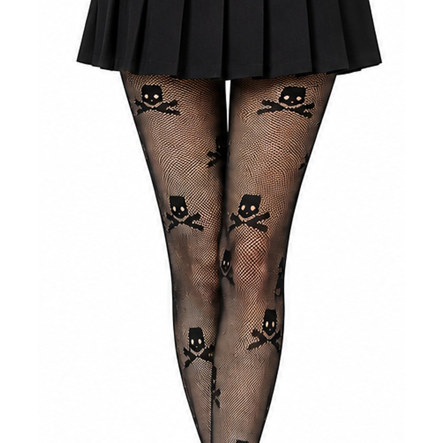 Women's black skull print fishnet tights for festivals and Halloween