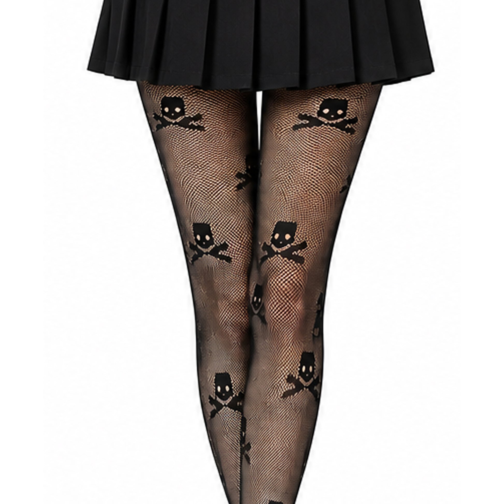 Women's black skull print fishnet tights for festivals and Halloween