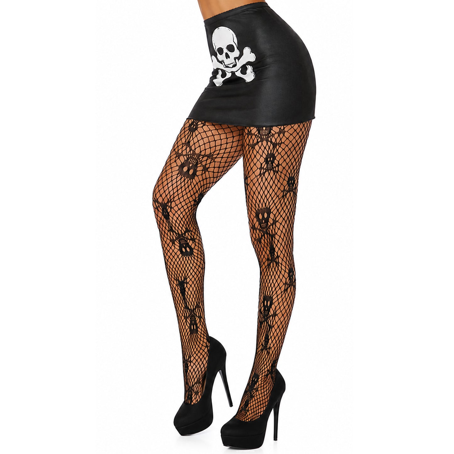 Black fishnet fashion tights featuring an all-over skull design