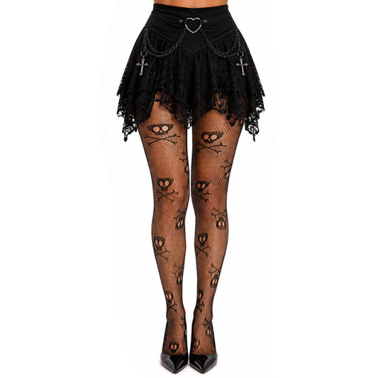 High waist black small skull fishnet tights with reinforced toes.