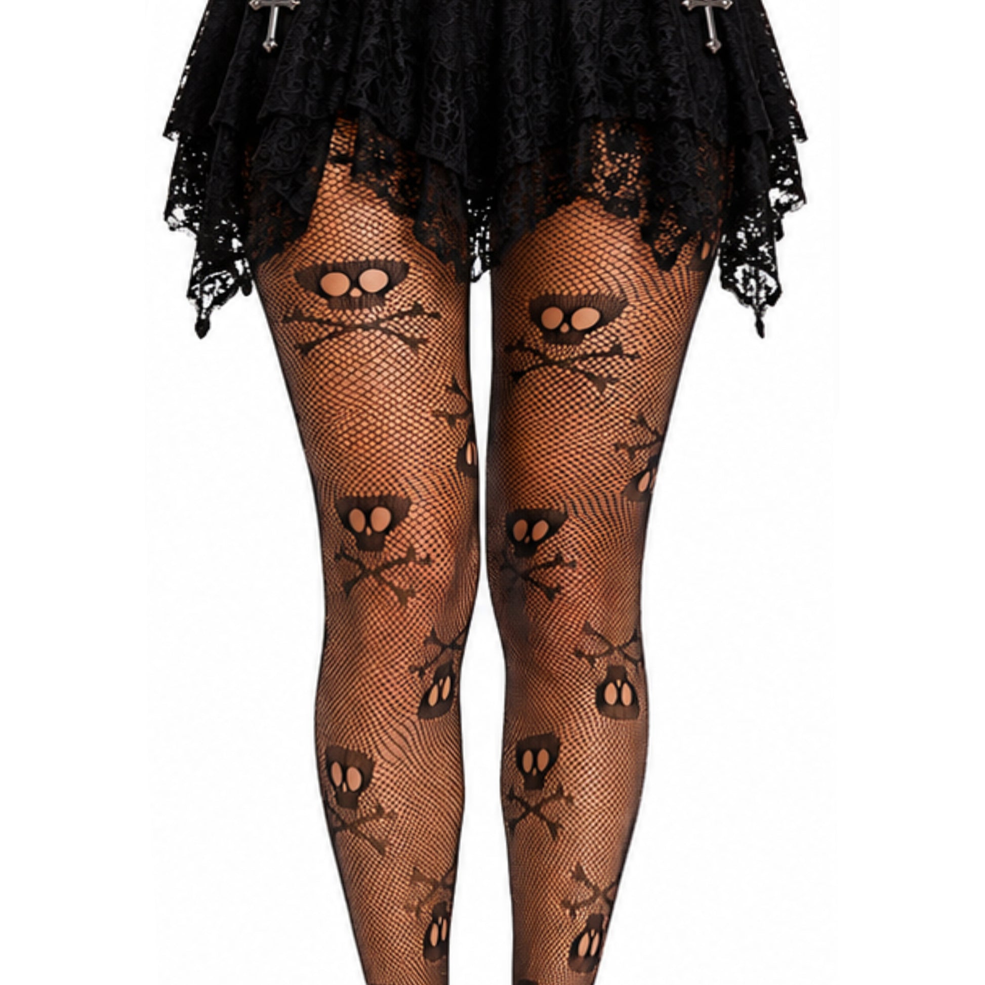 Gothic small skull fishnet tights for Halloween and alternative fashion.