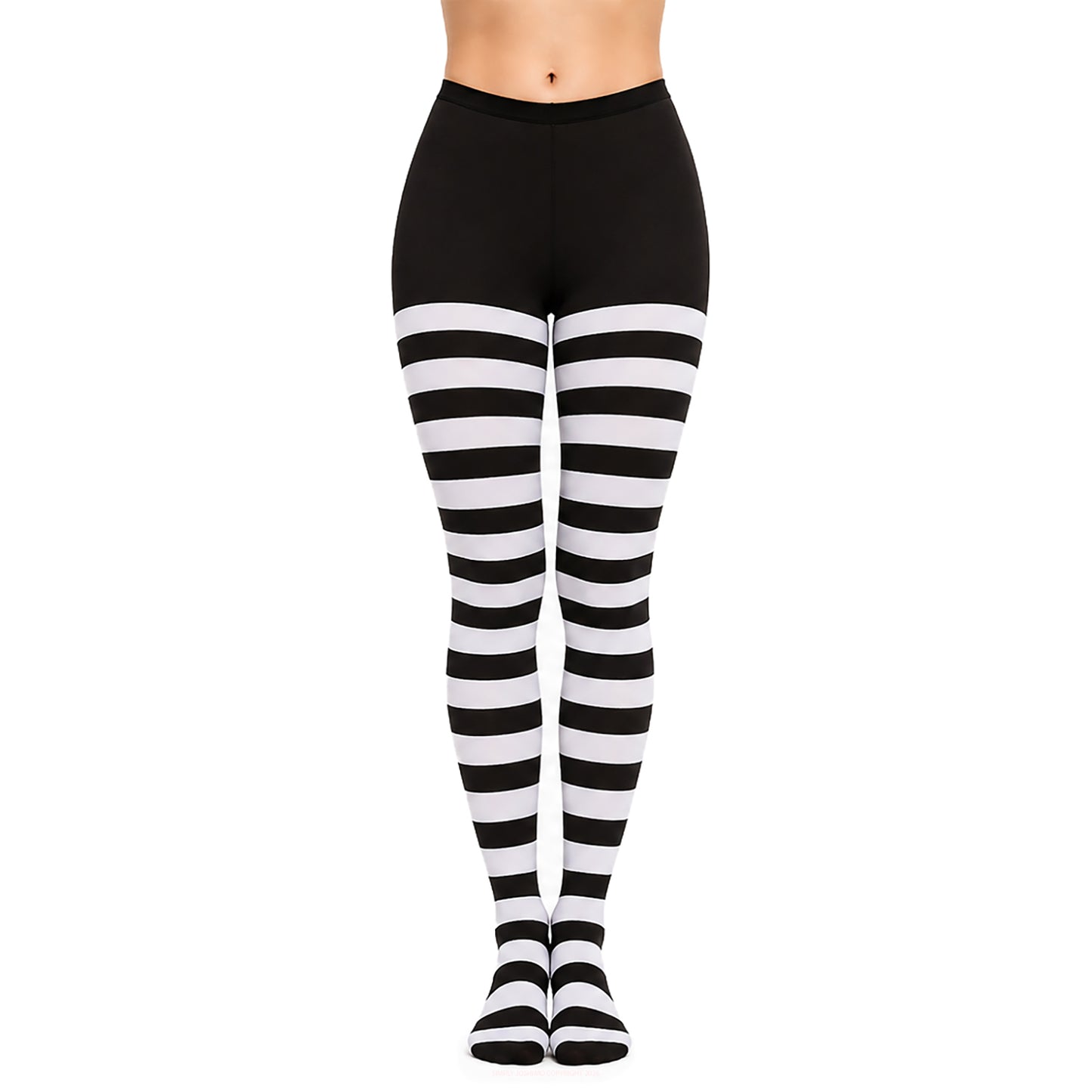 Women’s black and white striped hosiery with opauqe finish