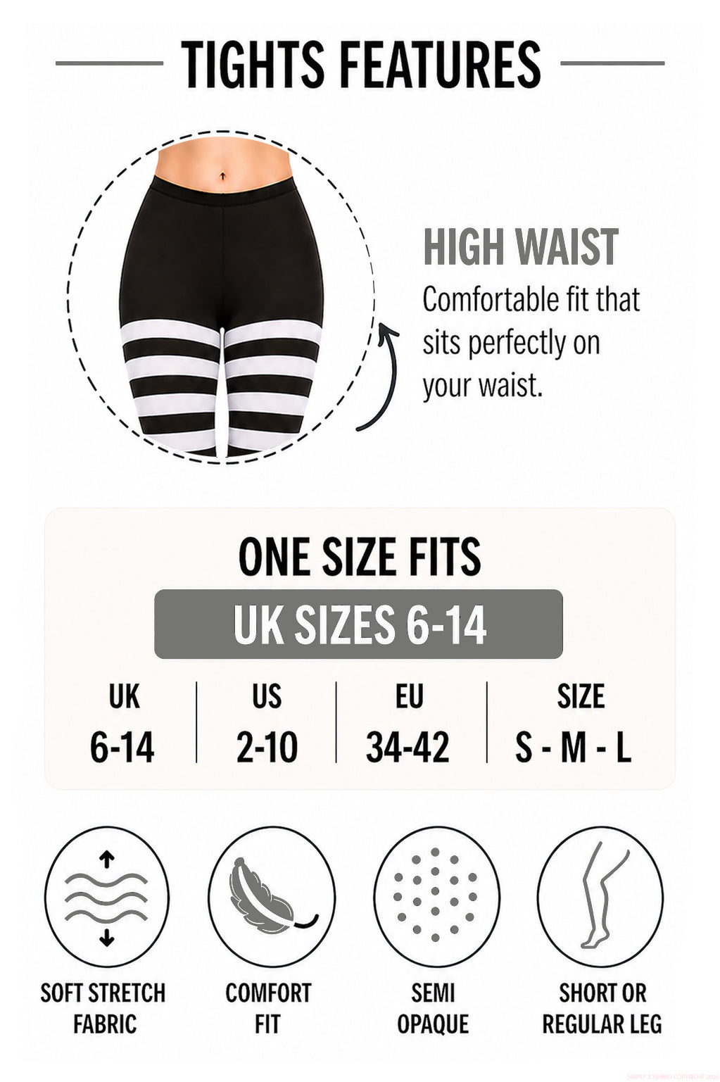 Black and white tights featuring a high waist, soft fabric, size 6-14
