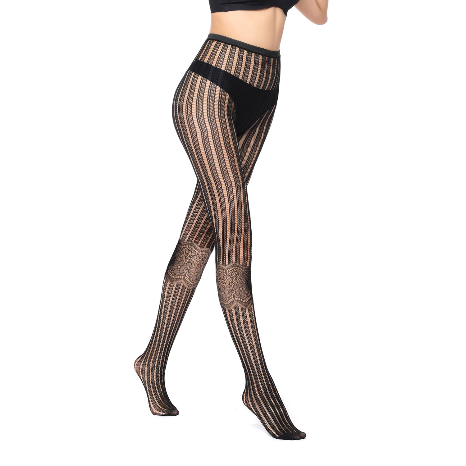 Ladies black fishnet tights with stripes and flowers