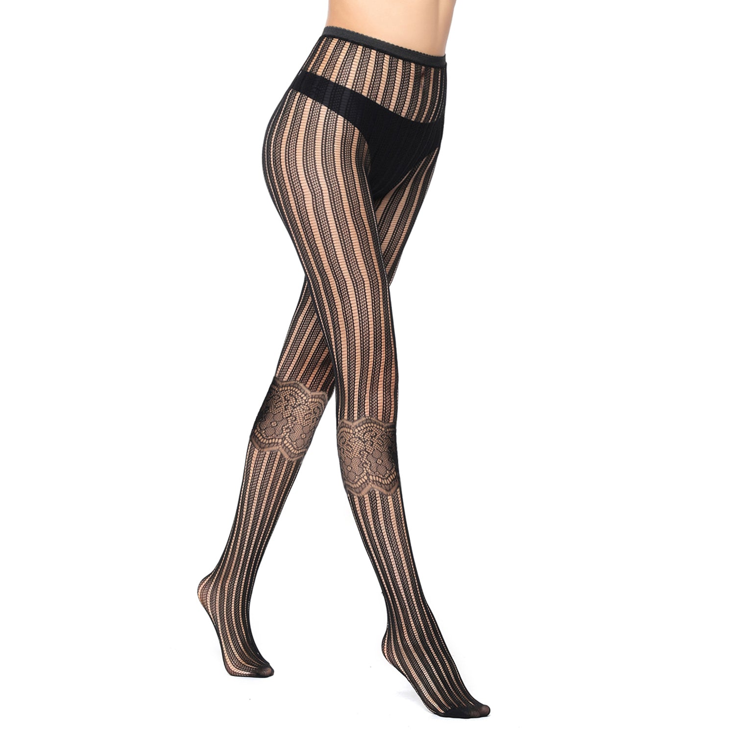 High waist womens striped tights with a floral garter