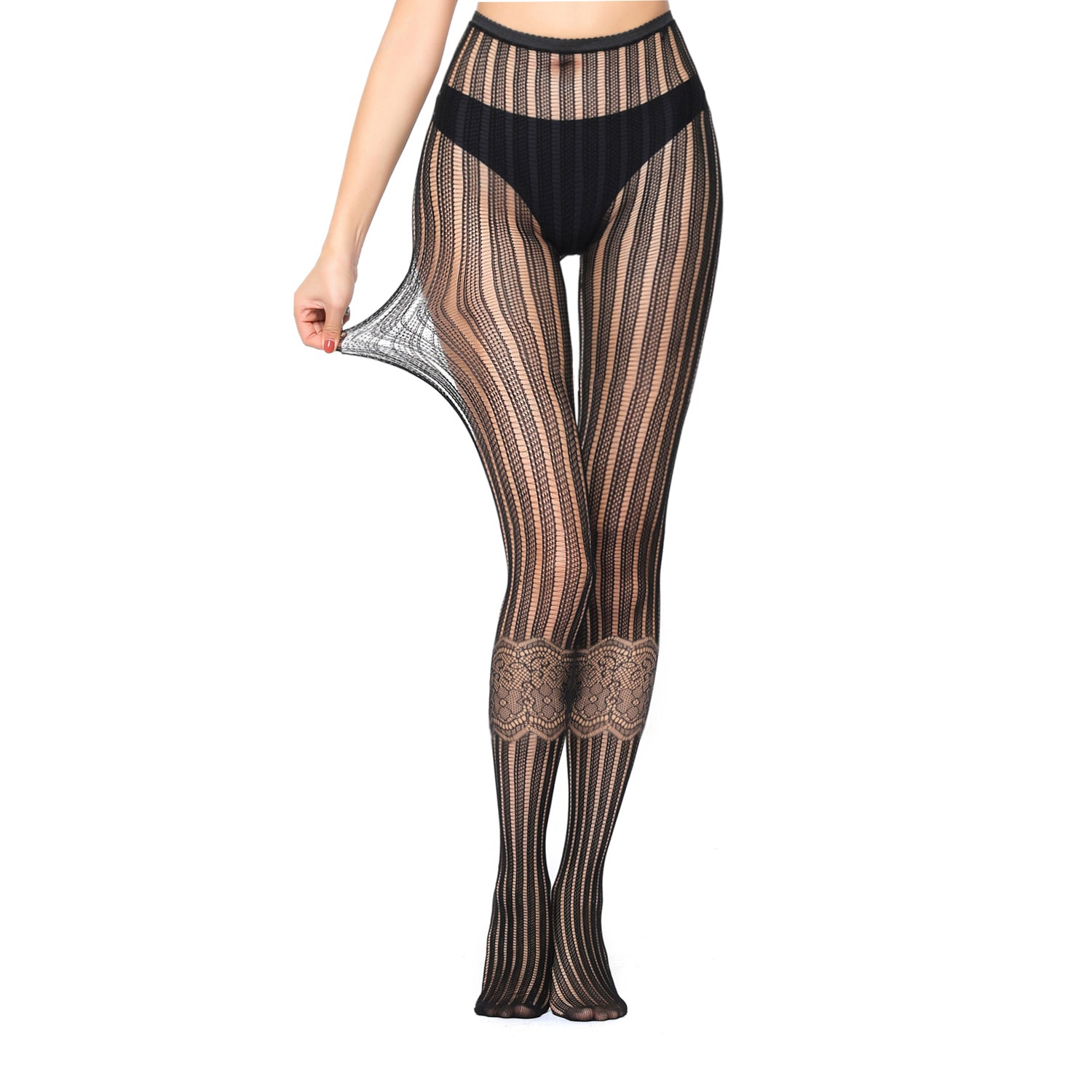 Black lace patterned tights with flowers and stripes