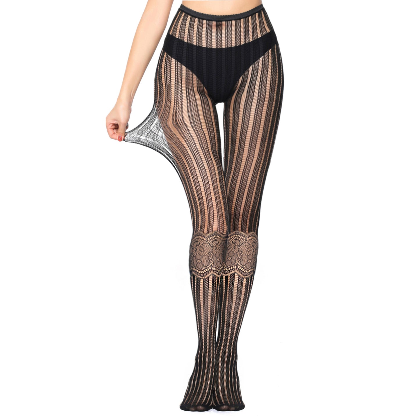 Ladies floral and stripes patterned hosiery with added stretch