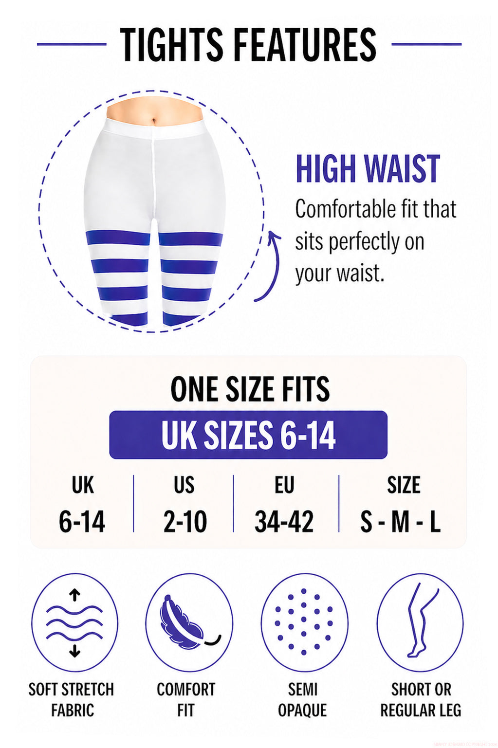 Blue and white tights features - high waist, soft, stretchy, size 6-14.