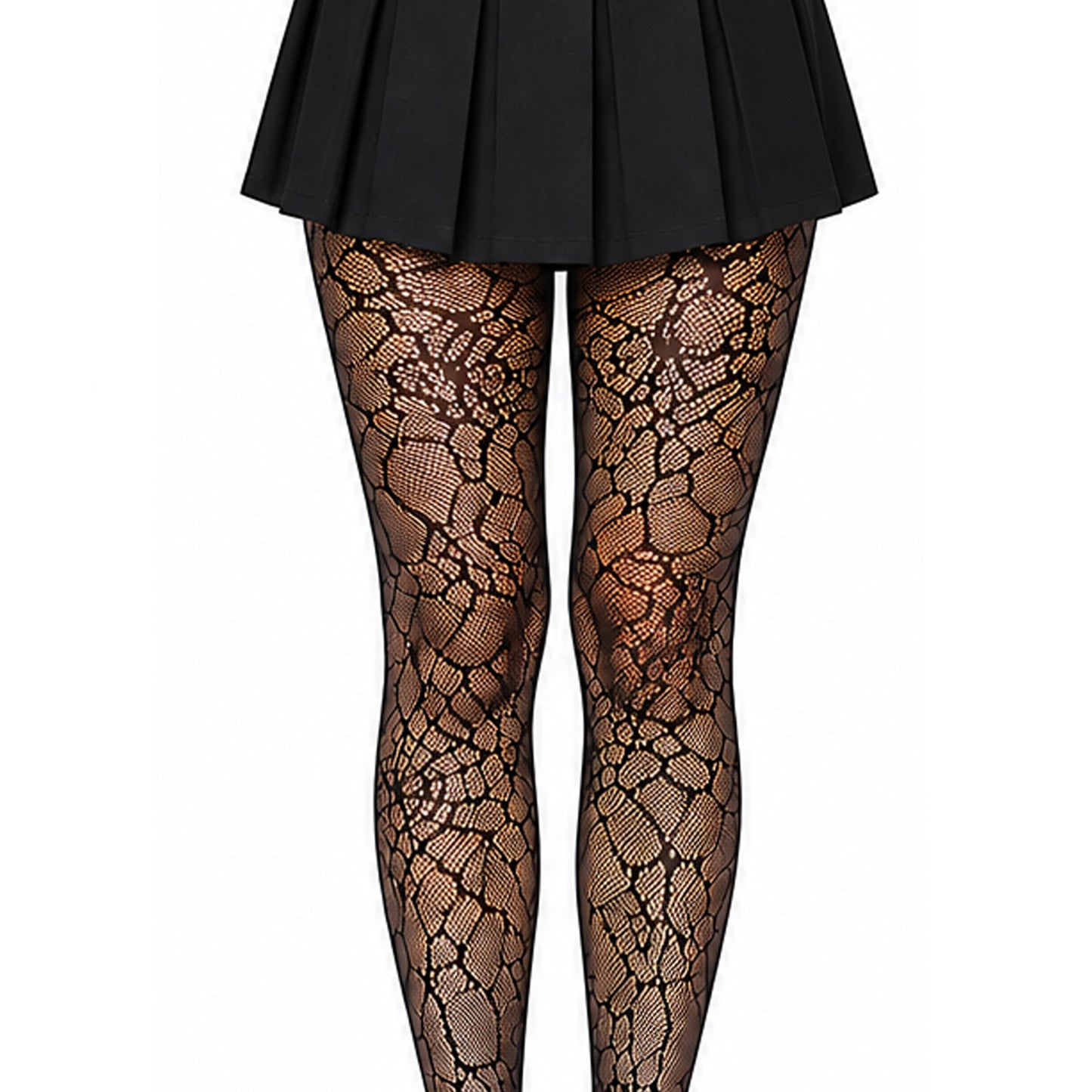 Black lace tights with a cobweb pattern worn with a black pleated skirt
