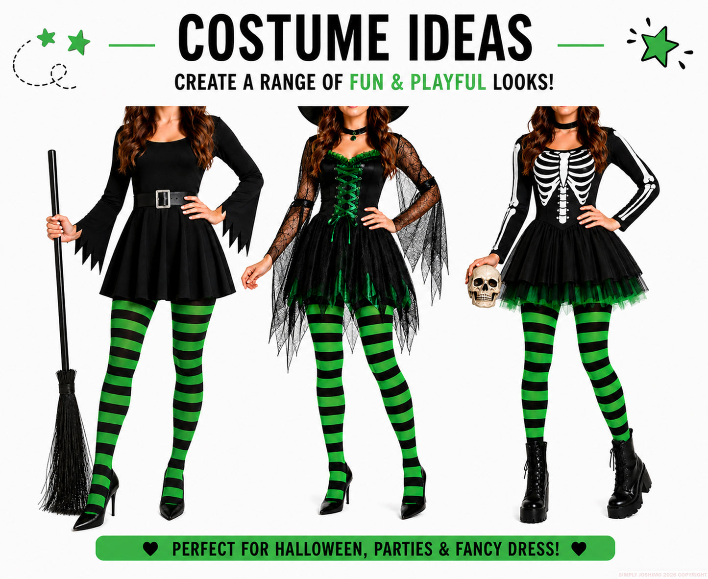 Three Halloween costumes with green and black striped tights