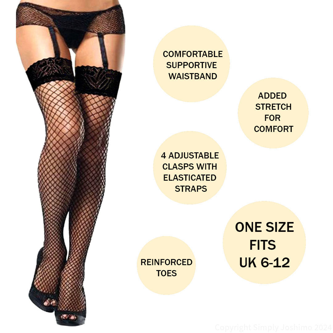 Black fishnet stockings with text highlighting features on a white background