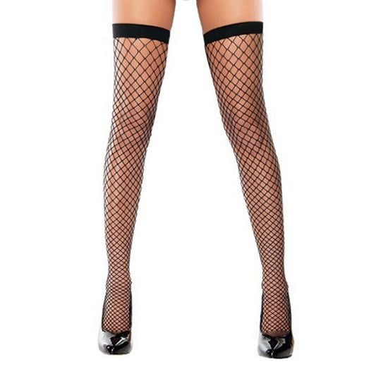 THIGH HIGH BLACK FISHNET STOCKINGS BEING MODELLED ON A WOMAN