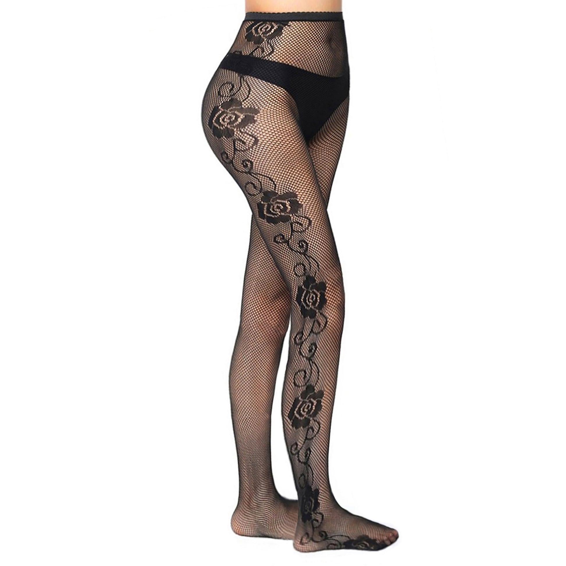 Black lace fishnet tights with feminine floral outer leg pattern.