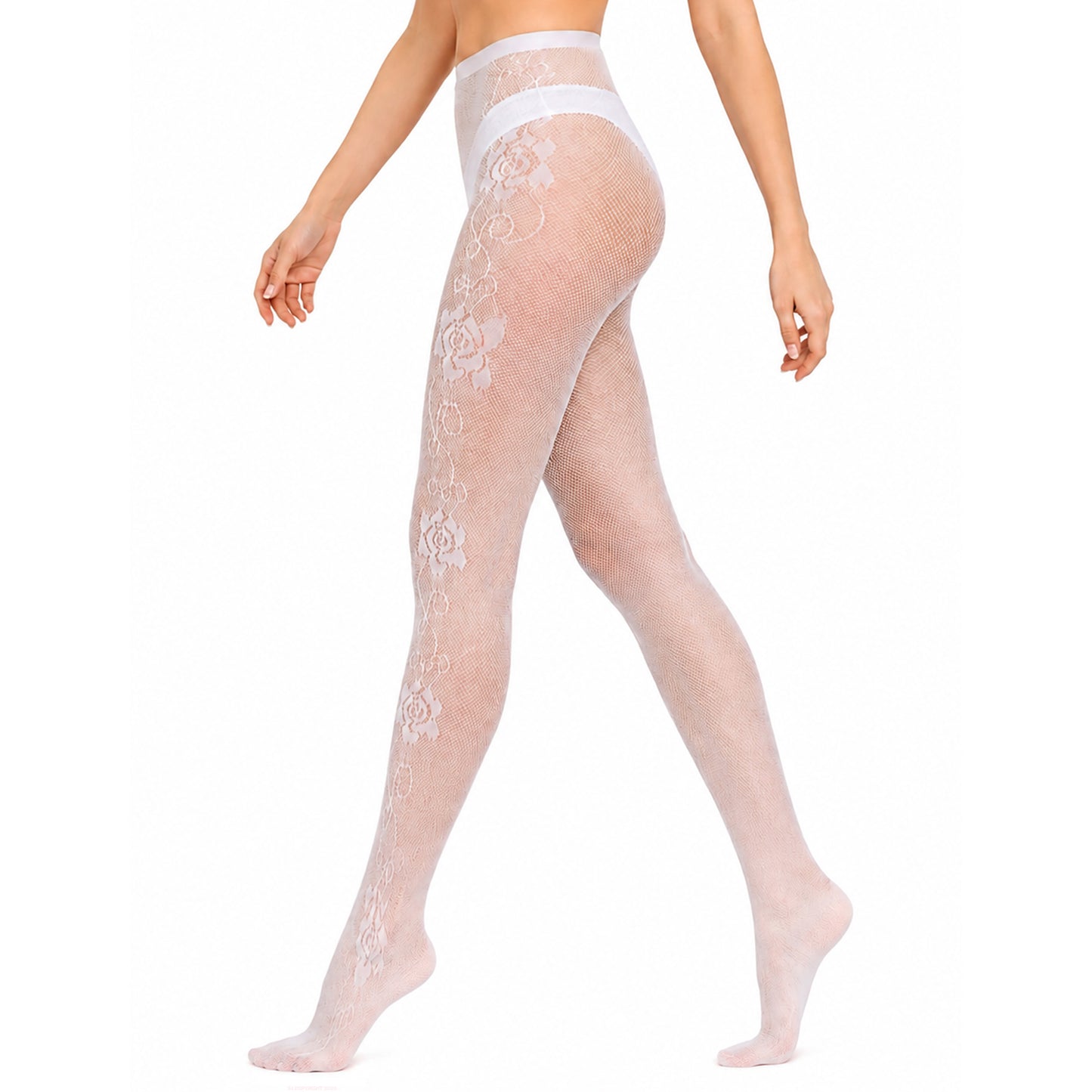 White lace fishnet tights with feminine floral outer leg pattern.