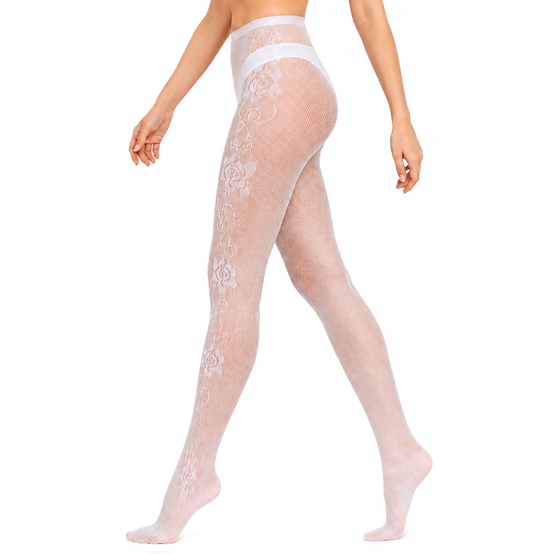 White lace fishnet tights with feminine floral outer leg pattern.