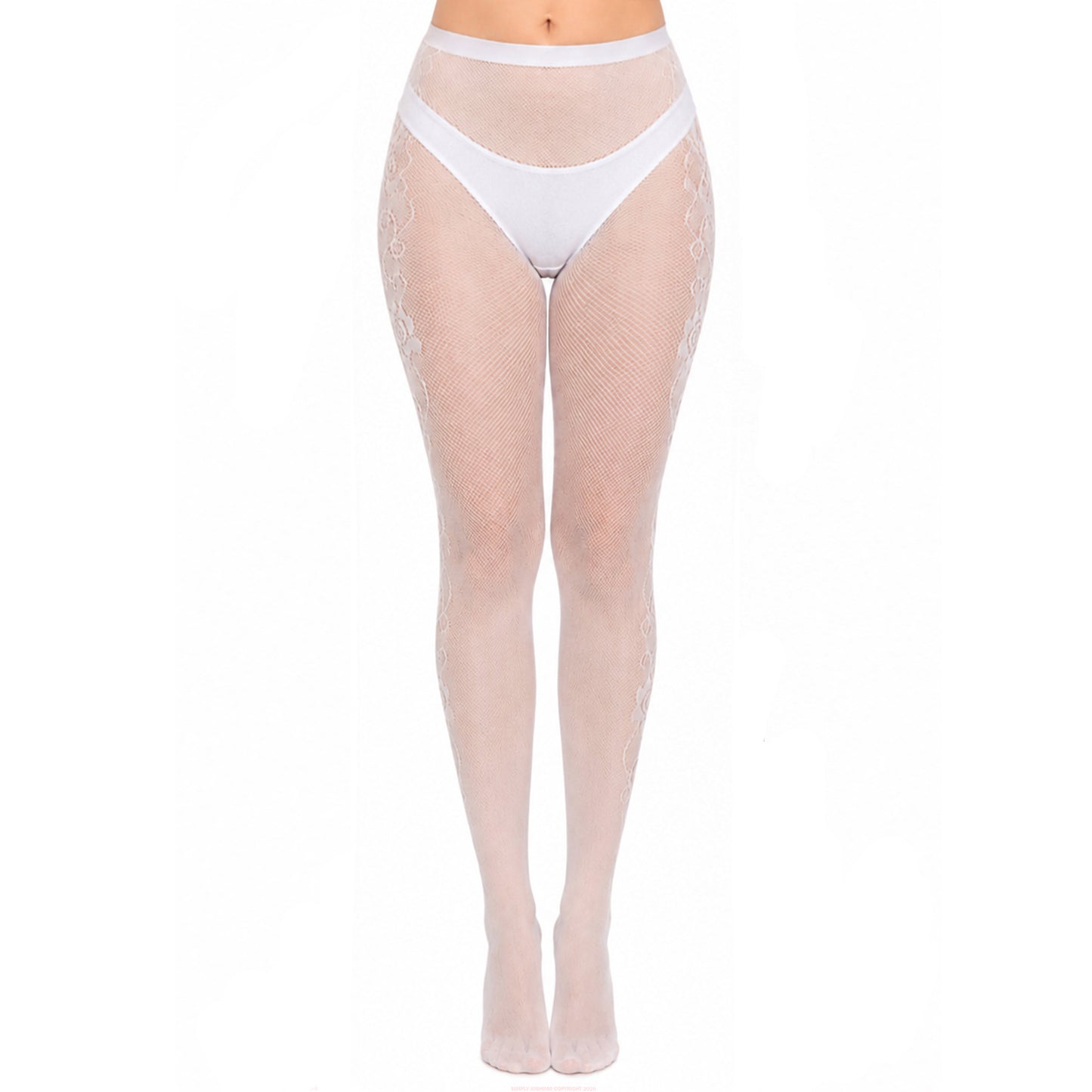 White lace fishnet tights with outer leg pattern.