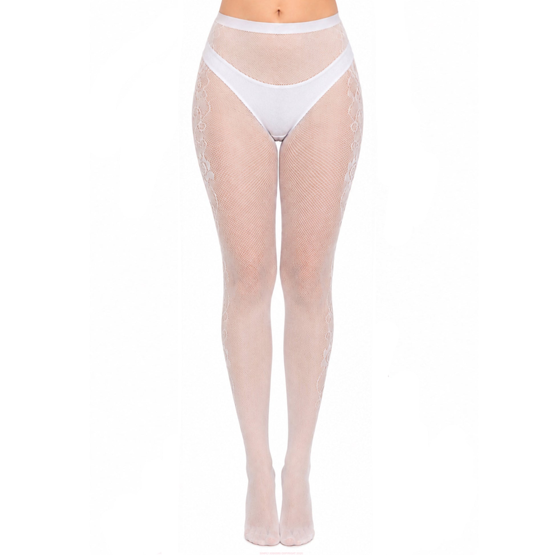 White lace fishnet tights with outer leg pattern.