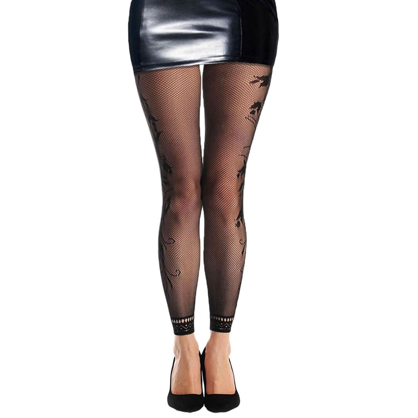 women's black footless tight with floral pattern Worn with a mini skirt