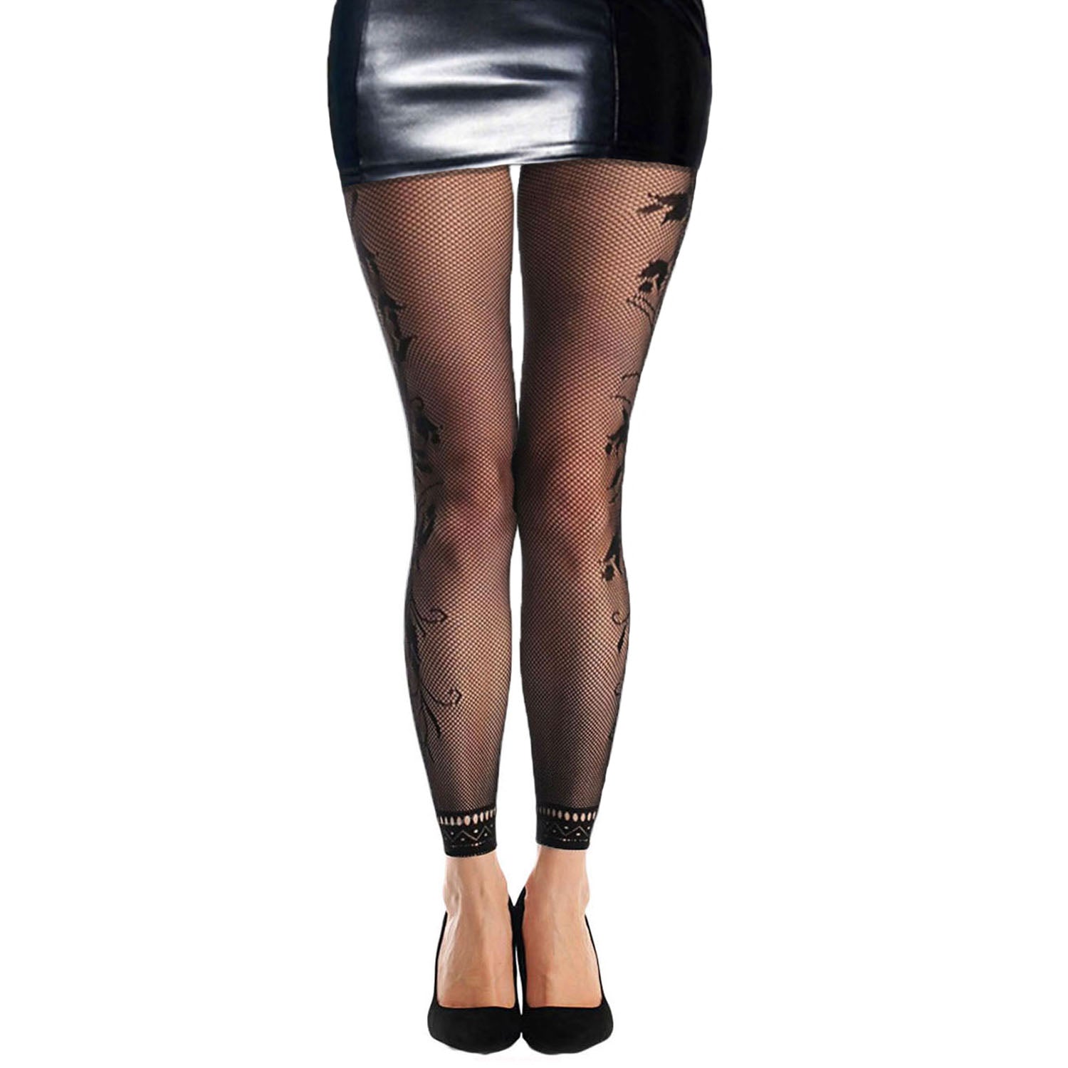 women's black footless tight with floral pattern Worn with a mini skirt