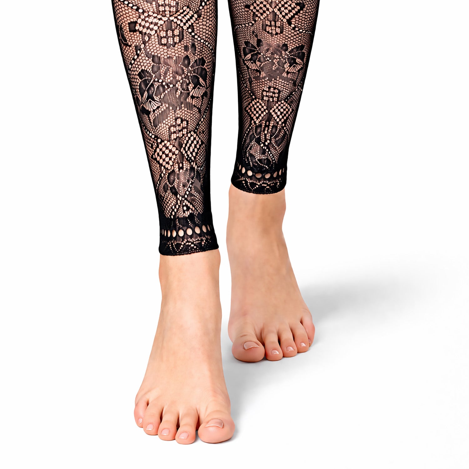 intricate lace detail around the ankles of footless tights