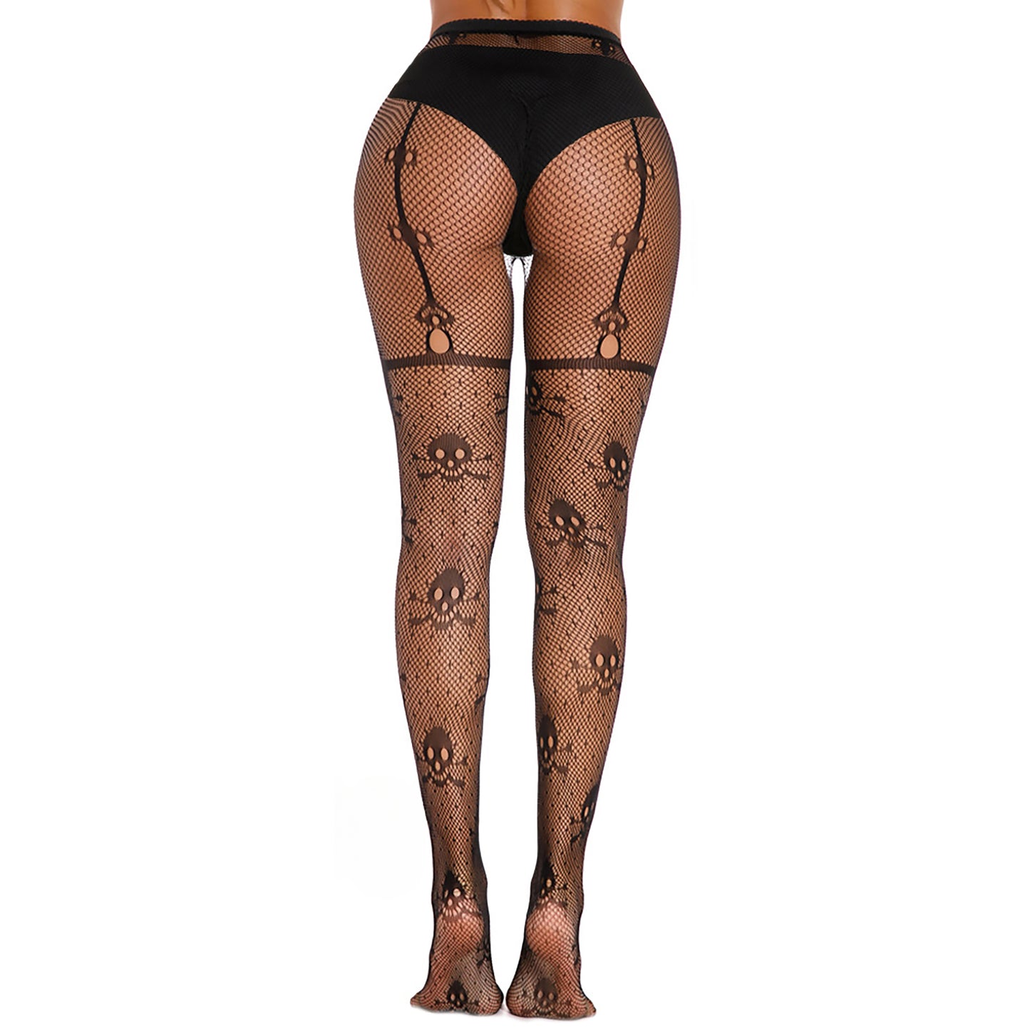 Black skull fishnet suspender tights front view with full-length design