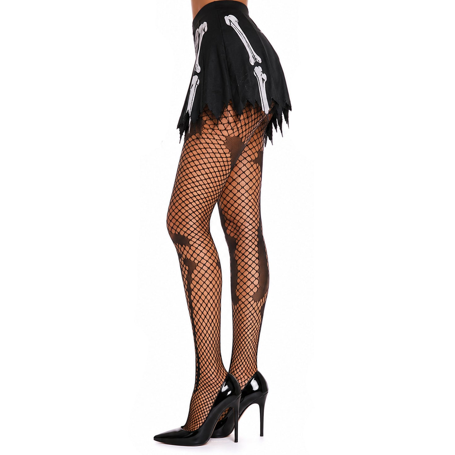 Women's gothic fishnet tights featuring skeleton bone design.