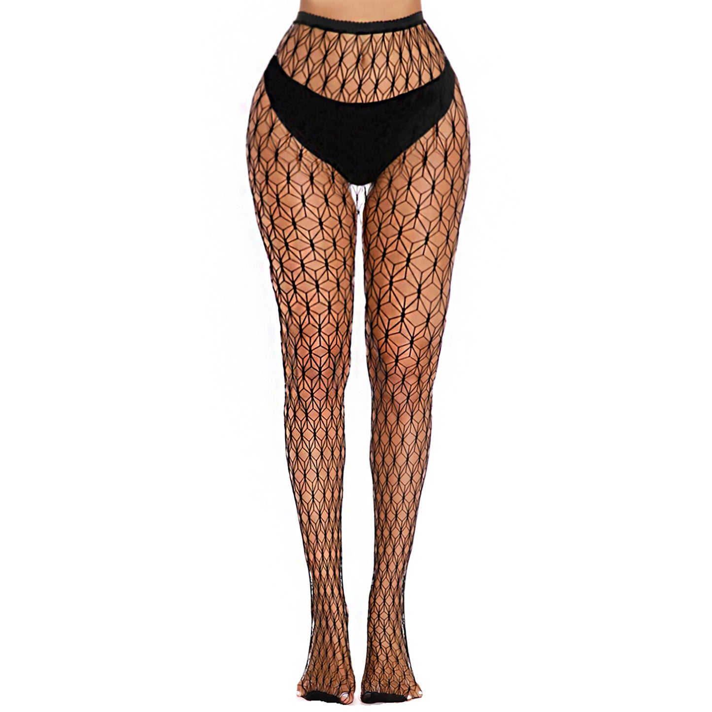 High waist black patterned fishnet tights with reinforced toes
