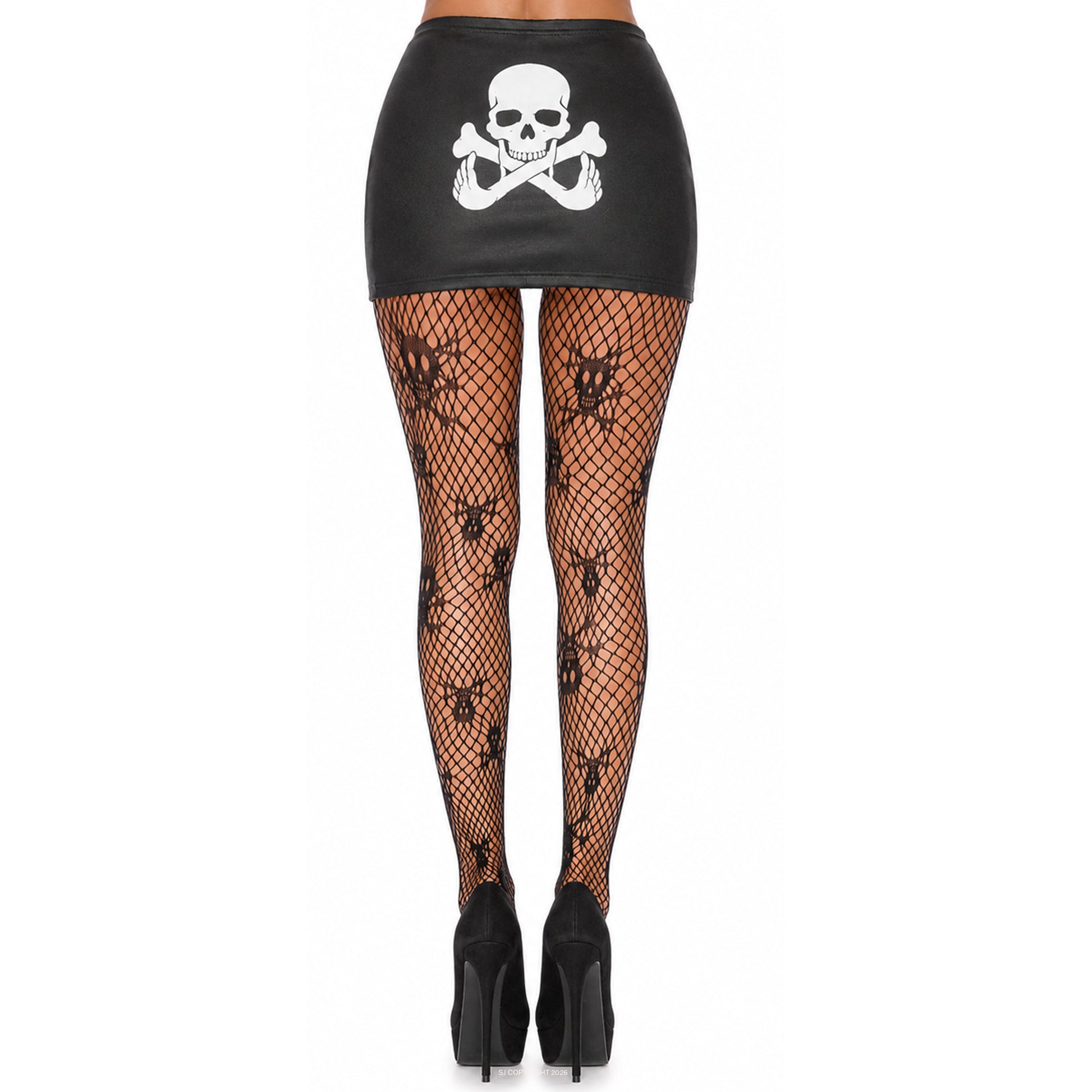 Gothic Halloween fishnet tights with mini skirt and heels