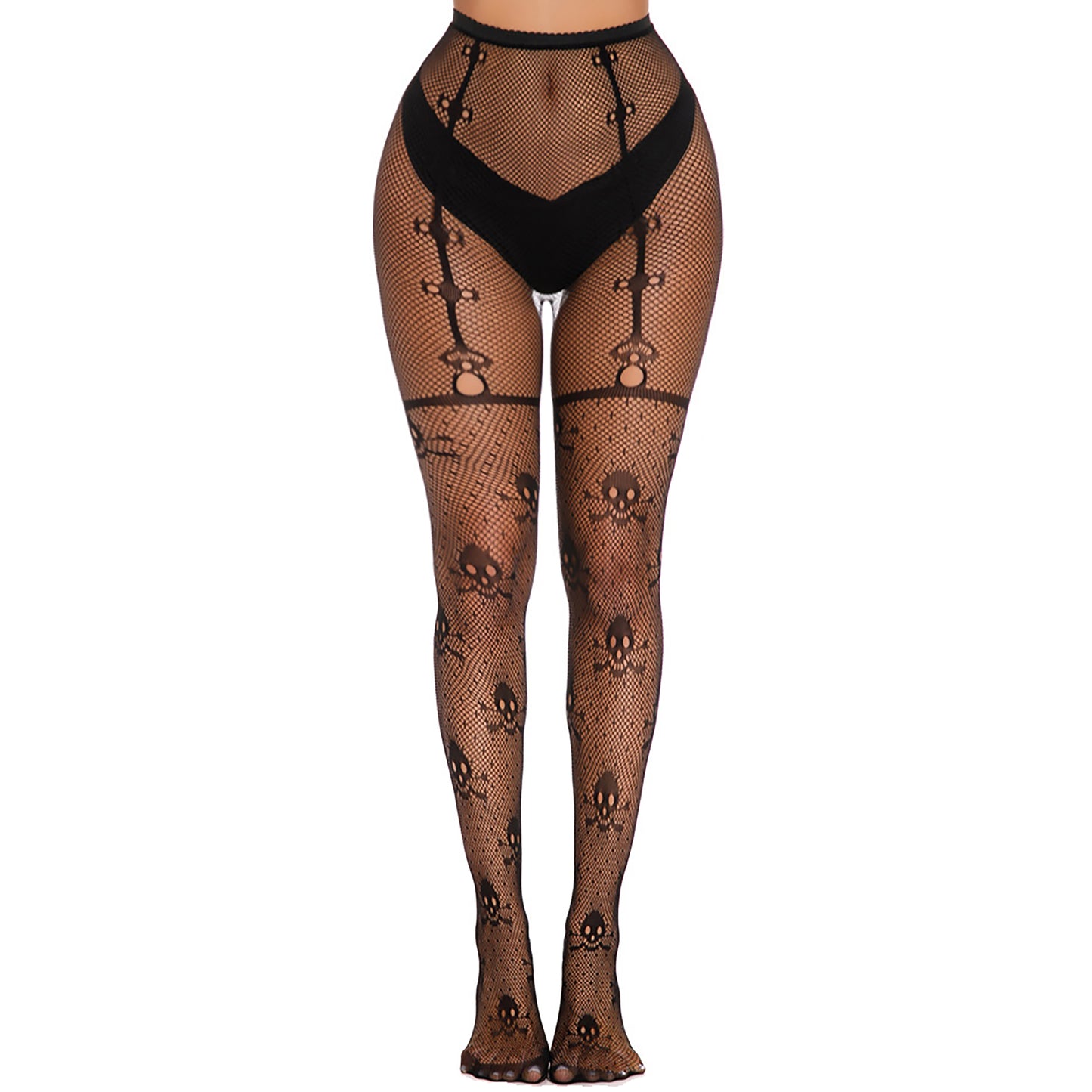 Halloween fishnet tights with skull motifs and reinforced toes