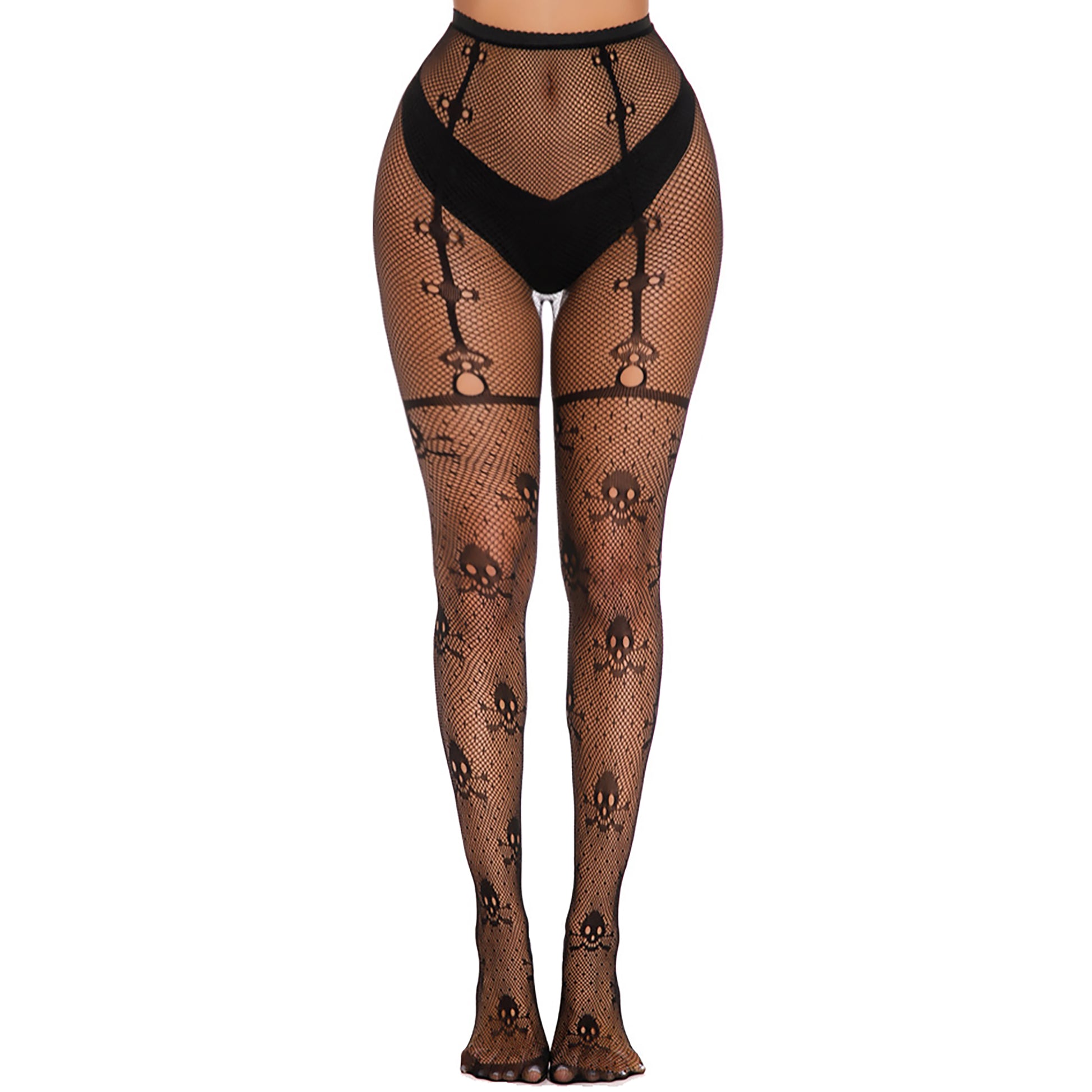 Halloween fishnet tights with skull motifs and reinforced toes