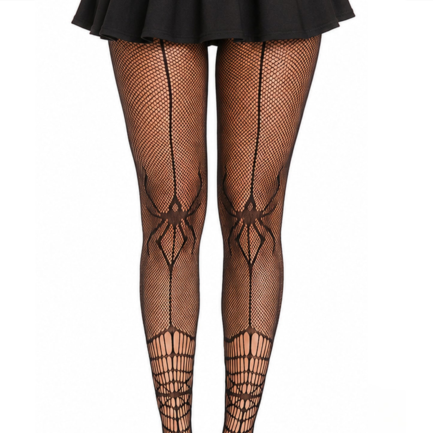 Women's Halloween fishnet tights featuring spider motifs