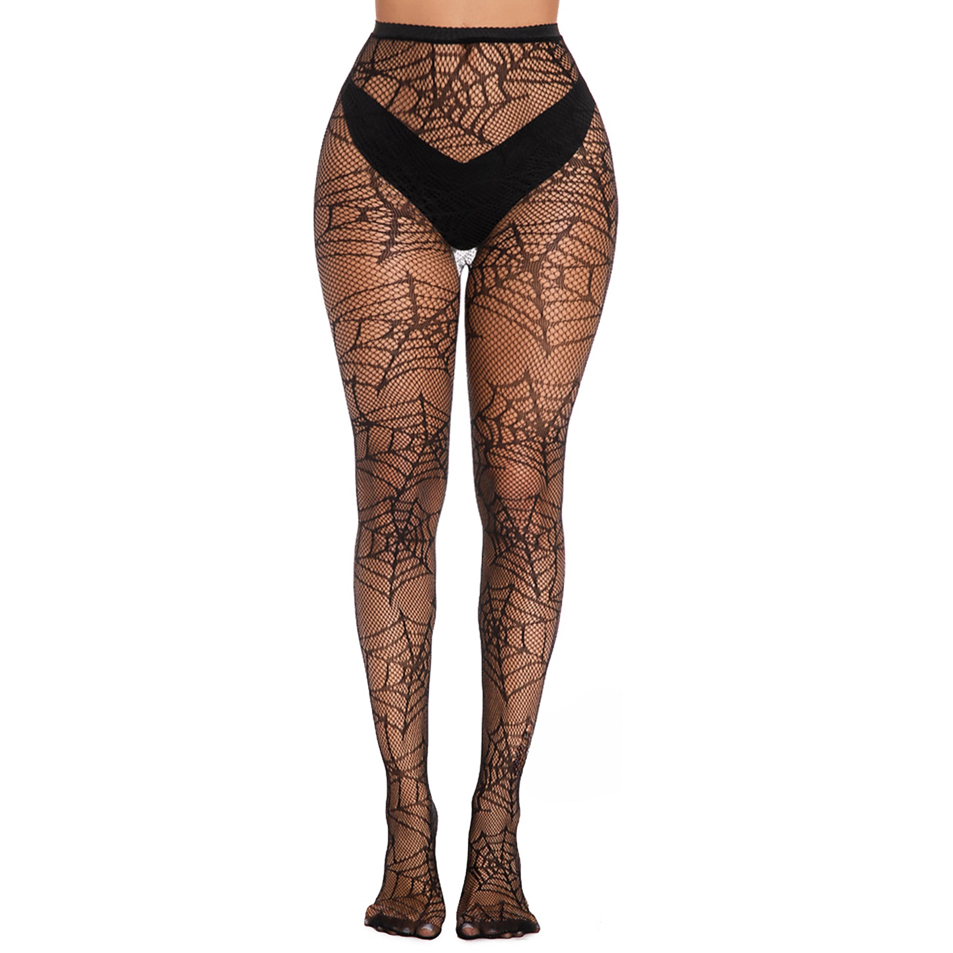 Stretch black spider web patterned fishnet tights with reinforced toes