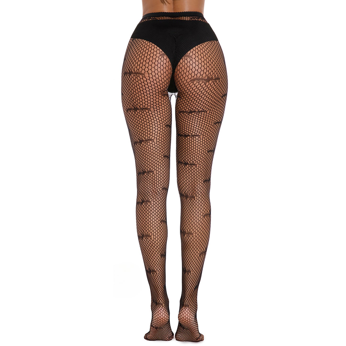 Women's seamless bat pattern fishnet tights in black.