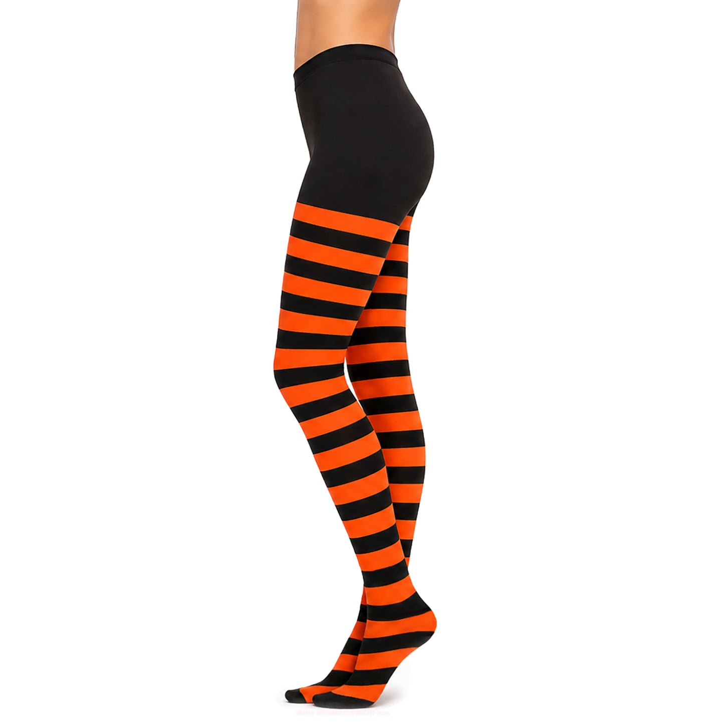 Black and orange striped tights with a high waist
