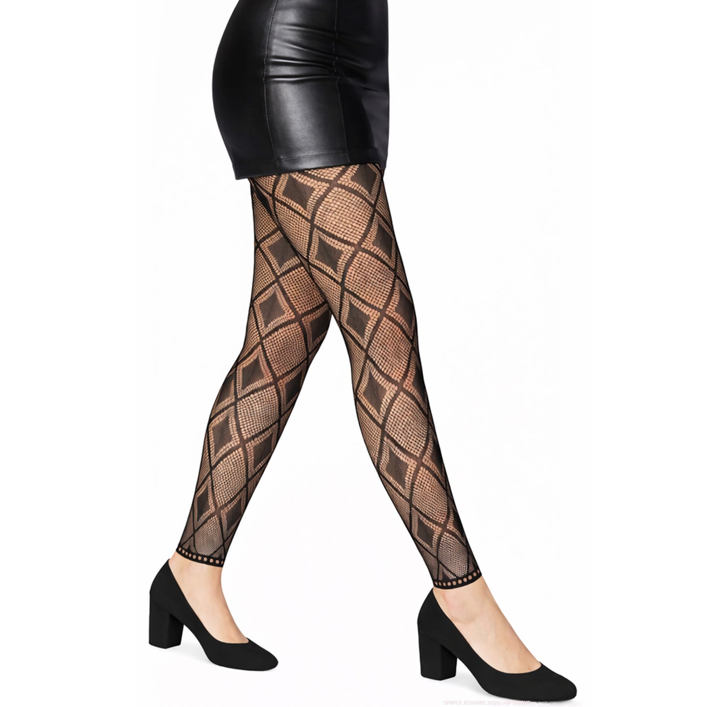 diamond patterned fish nets with a leather mini skirt
