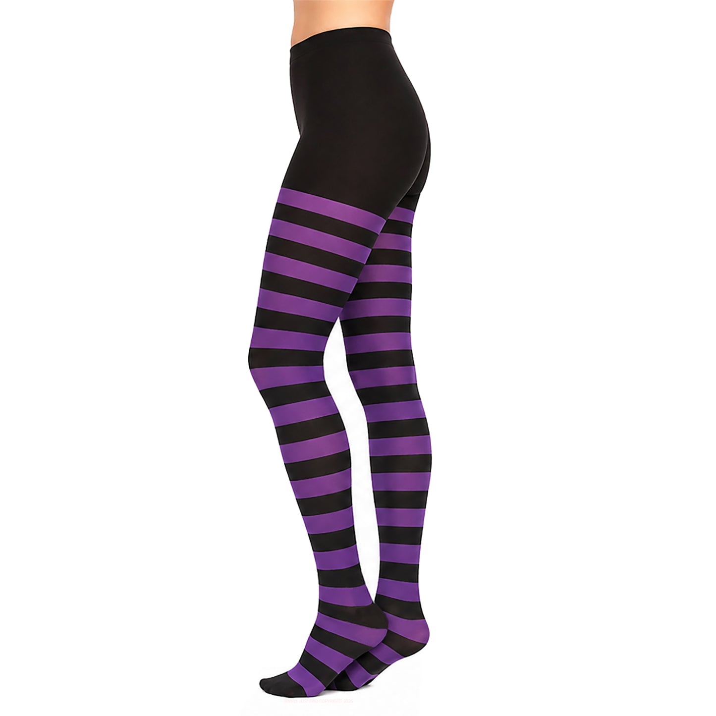 Vibrant Patterned Purple and Black Striped Tights Outfit Styling